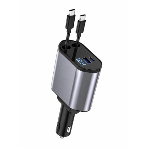 Автомобільний зарядний пристрій C1 4-в-1 з двома висувними кабелями USB Type-C, USB та Type-C портами і цифровим дисплеєм напруги