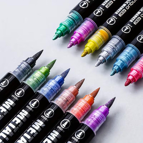 LanGuo Metallic Acrylic Marker 24 Colors 2 in 1  професійний набір двосторонніх акрилових маркерів Metallic із пензлевим і тонким наконечниками для малювання, каліграфії, декору та творчості