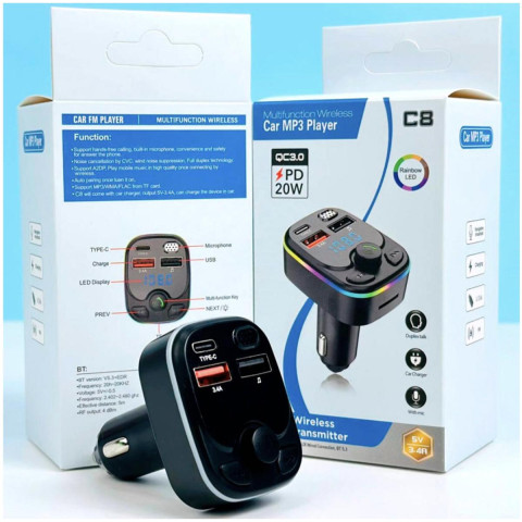 Автомобільний FM-трансмітер C8 з Bluetooth 5.3, швидкою зарядкою PD 20W/QC 3.0, USB + Type-C, MP3-плеєром та Hands-Free