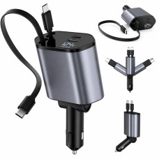 Автомобільний зарядний пристрій C1 4-в-1 з двома висувними кабелями USB Type-C, USB та Type-C портами і цифровим дисплеєм напруги