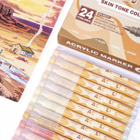 GuangNa Acrylic Marker Skin Tone Color 24 Colors  професійний набір акрилових маркерів із пензлевим наконечником, палітра тілесних відтінків для малювання, скетчингу, розпису каменю, дерева, скла, кераміки та полотна.
