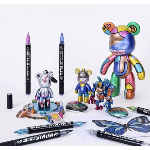 LanGuo Metallic Acrylic Marker 24 Colors 2 in 1  професійний набір двосторонніх акрилових маркерів Metallic із пензлевим і тонким наконечниками для малювання, каліграфії, декору та творчості