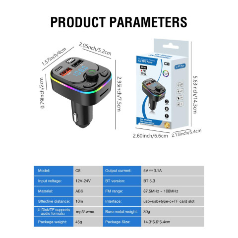 Автомобільний FM-трансмітер C8 з Bluetooth 5.3, швидкою зарядкою PD 20W/QC 3.0, USB + Type-C, MP3-плеєром та Hands-Free